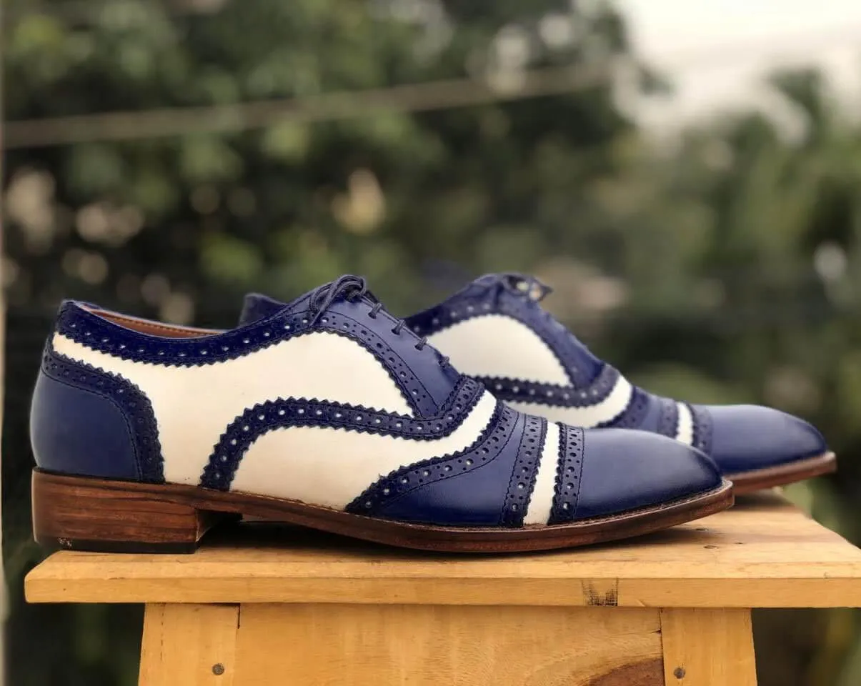 Bespoke Blue & White Leather Cap Toe,Lace Up Shoe for Men