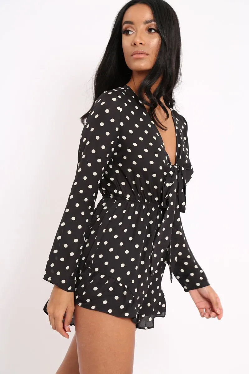 Black Polka Dot Tie Front Playsuit - Jem