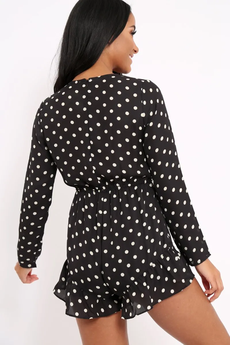 Black Polka Dot Tie Front Playsuit - Jem