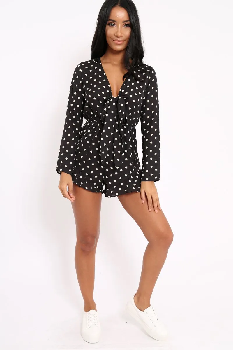 Black Polka Dot Tie Front Playsuit - Jem