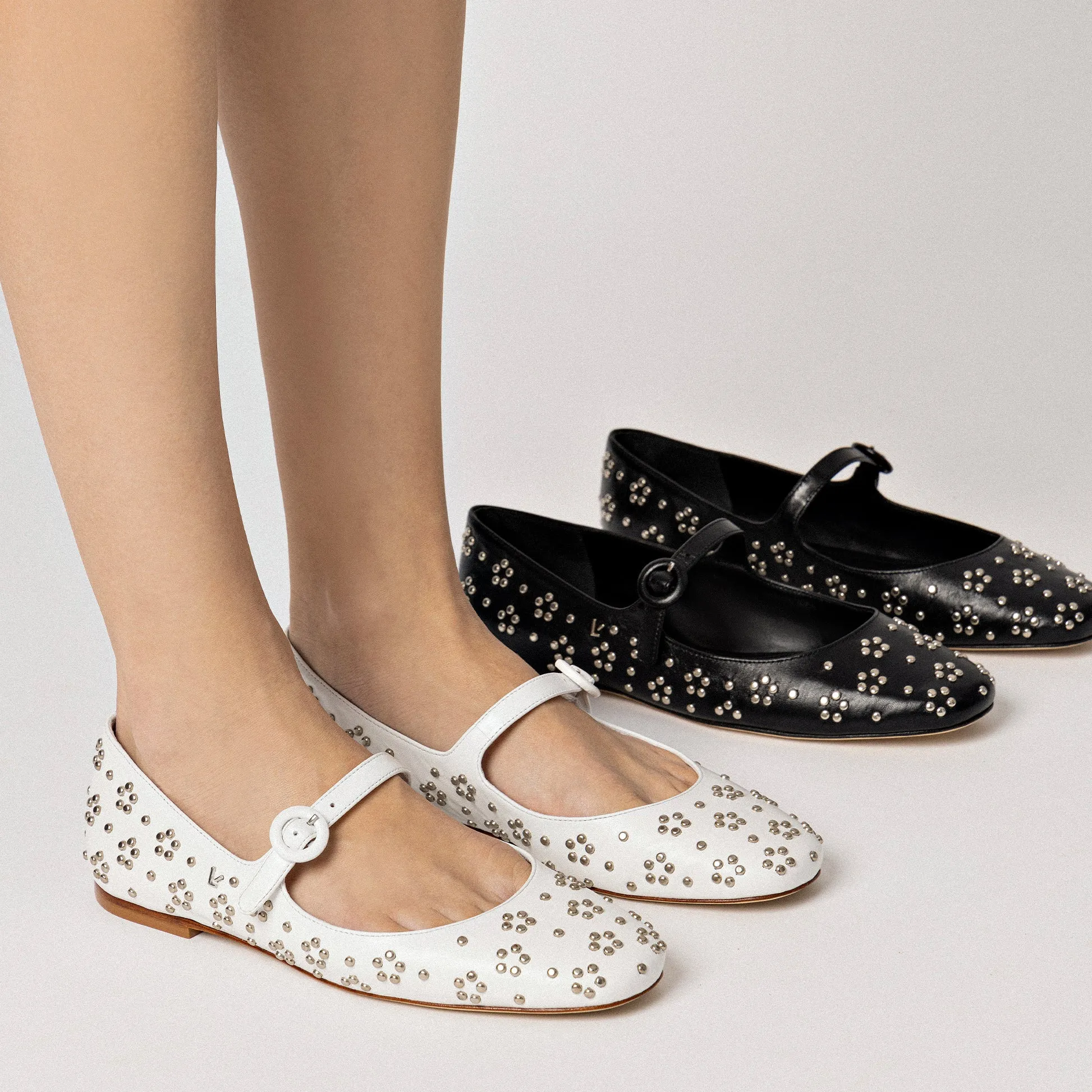 Blair Ballet Flat In Black Leather and Metallic Studs