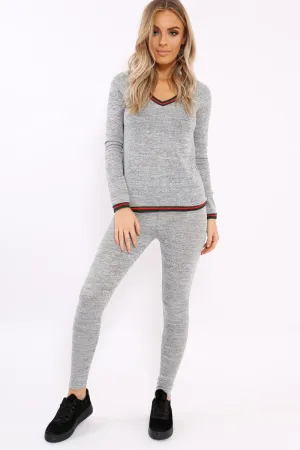 Grey Loungewear Set with Striped Trim - Janey