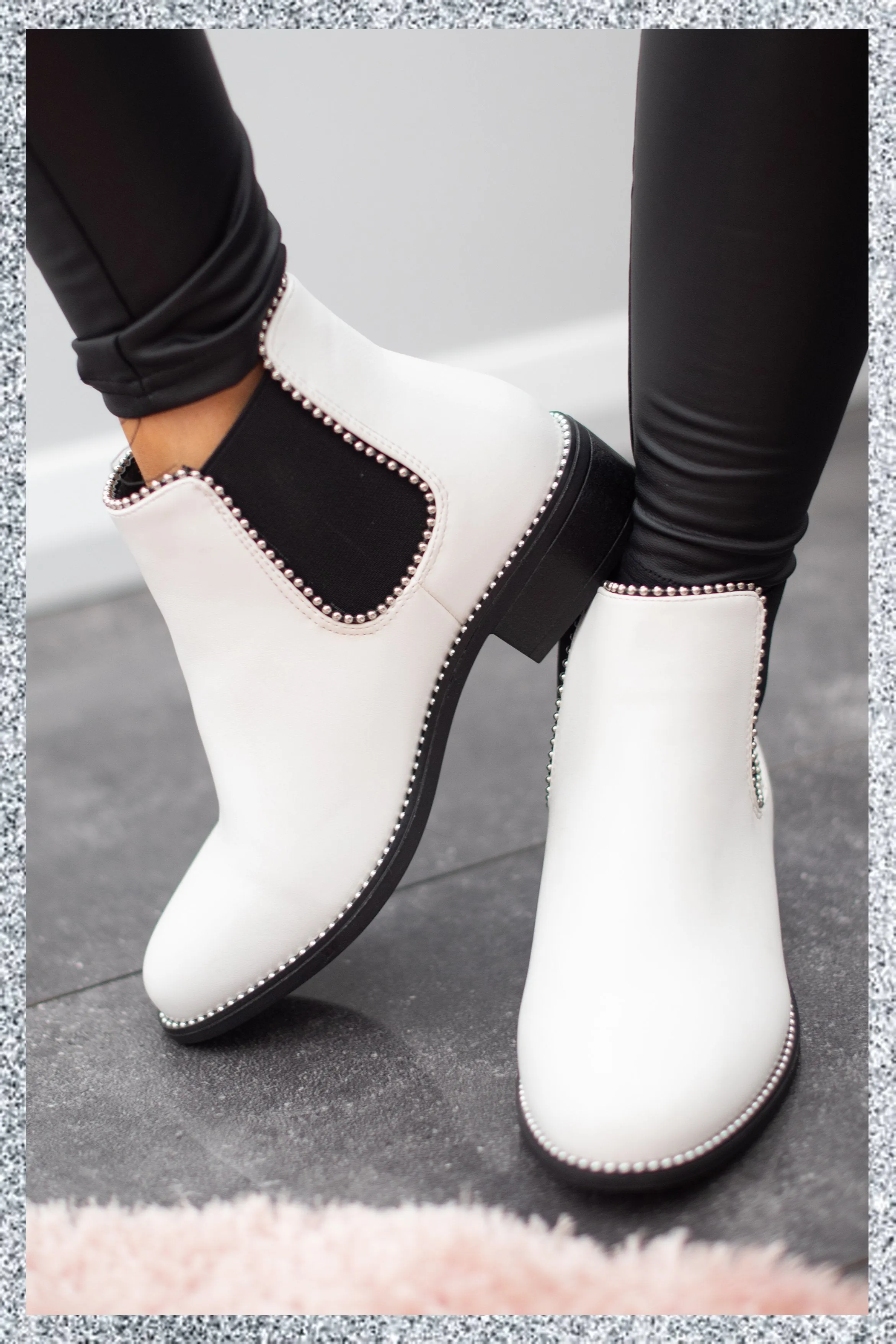 Leather Look Studded Chelsea Boots- White