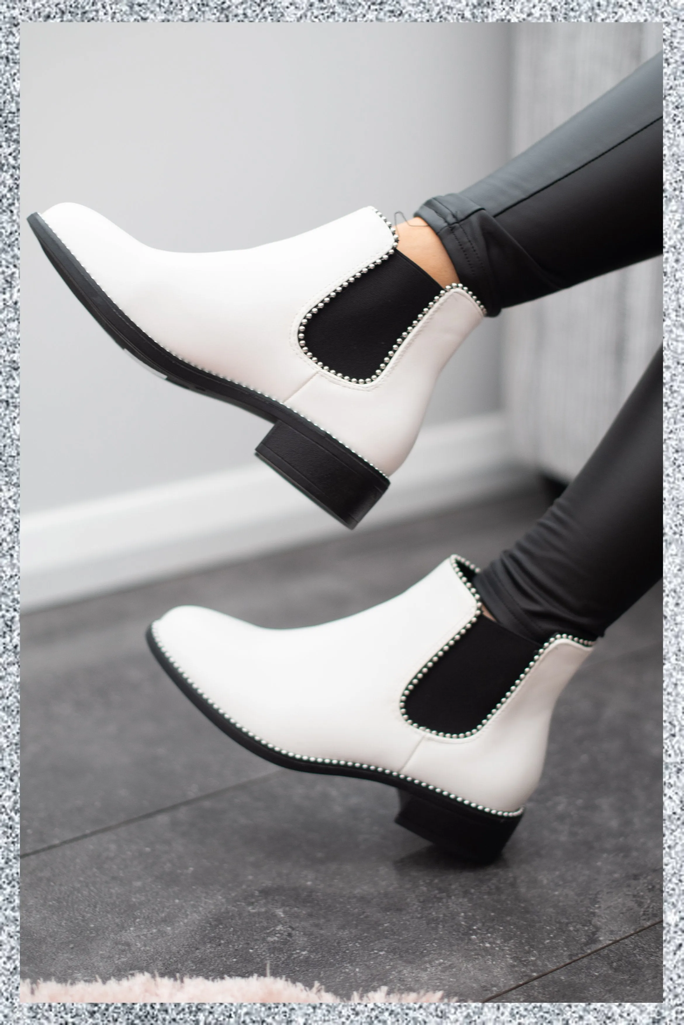 Leather Look Studded Chelsea Boots- White