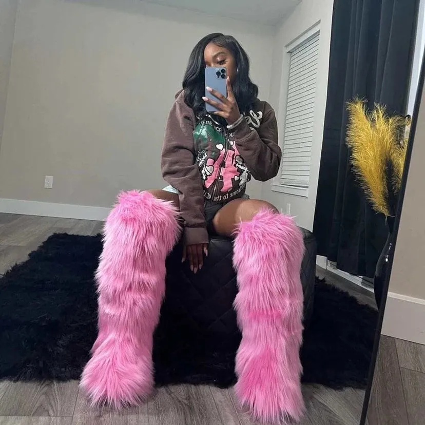 Trendy Faux Fur Over The Knee Plush Boots