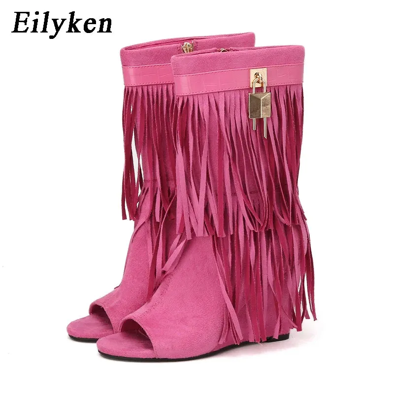 Trendy Fringe Wedge Sandals Open Toe Boots