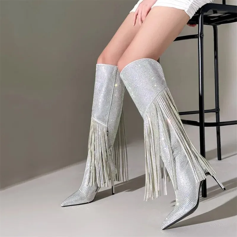 Trendy Tassels Rhinestone High Heel Boots