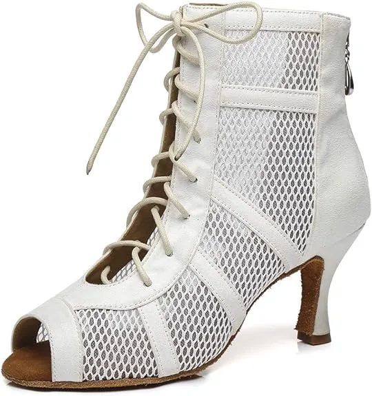 White Suede Mesh Lace up Boot Dance High Heels for Heels Class