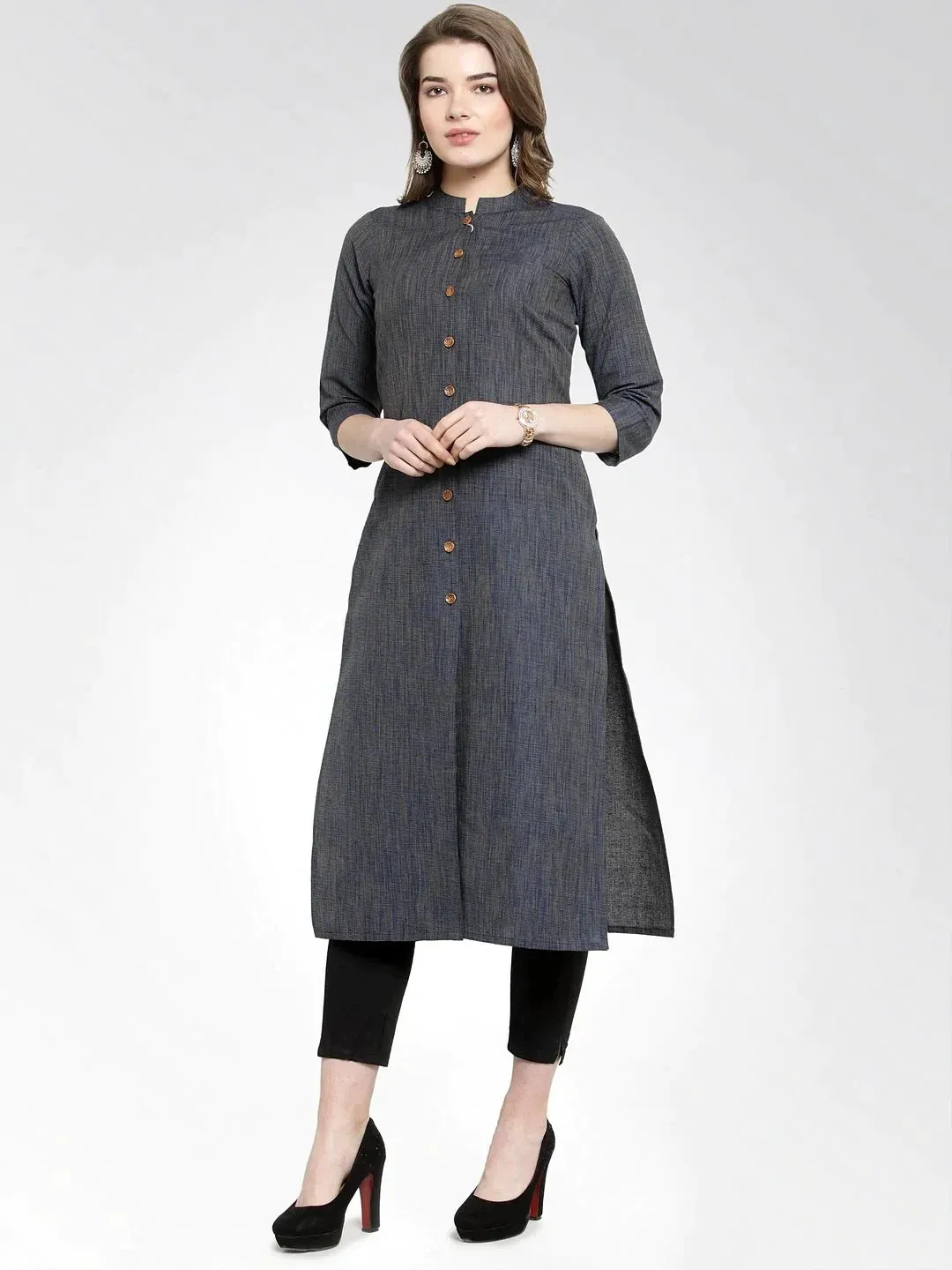 Women Navy Self Design Straight Kurta